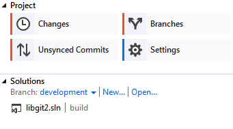 Visual Studio 中的 Git 仓库的 “Home” 视图。